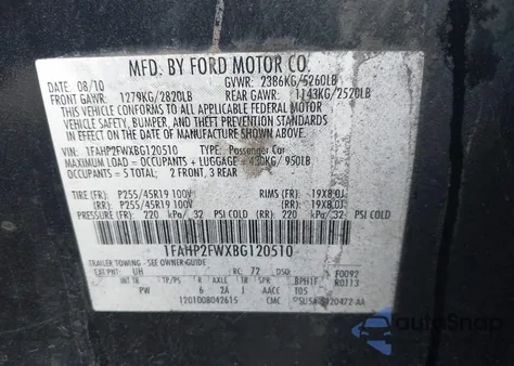 2011 Ford Taurus из США, поврежденный, VIN 1FAKP2FWXBG120510